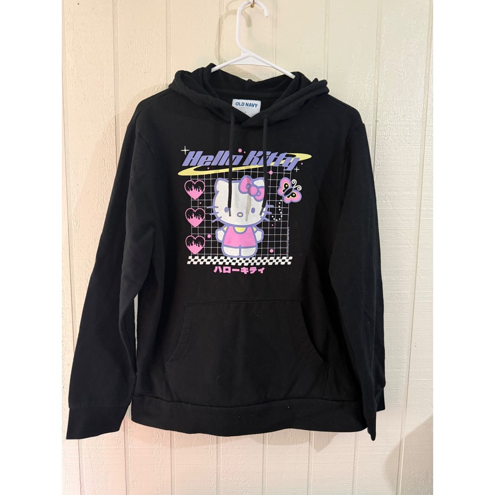 Old Navy Hello Kitty Graphic Hoodie Black Sanrio Y2K Flame Heart Sweatshirt L